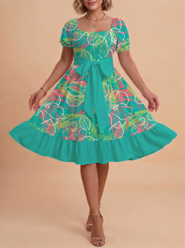 Damen Blumenkleid mit taillierbarem Gürtel und voluminösen Ärmeln Echo Archiv