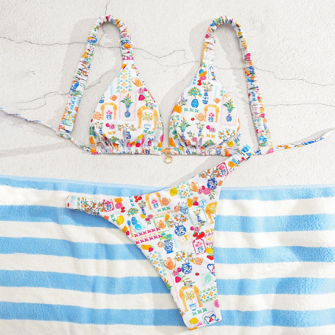 Damen Triangel-Bikini mit buntem Blumenmuster und verstellbaren Trägern Echo Archiv