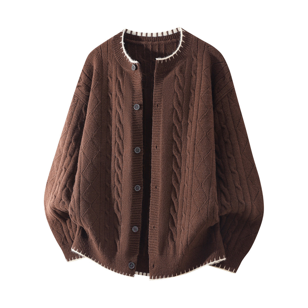 Damen Oversize Zopfmuster-Cardigan mit Rundhalsausschnitt, Ballonärmeln & Kontrastnaht Echoarchiv