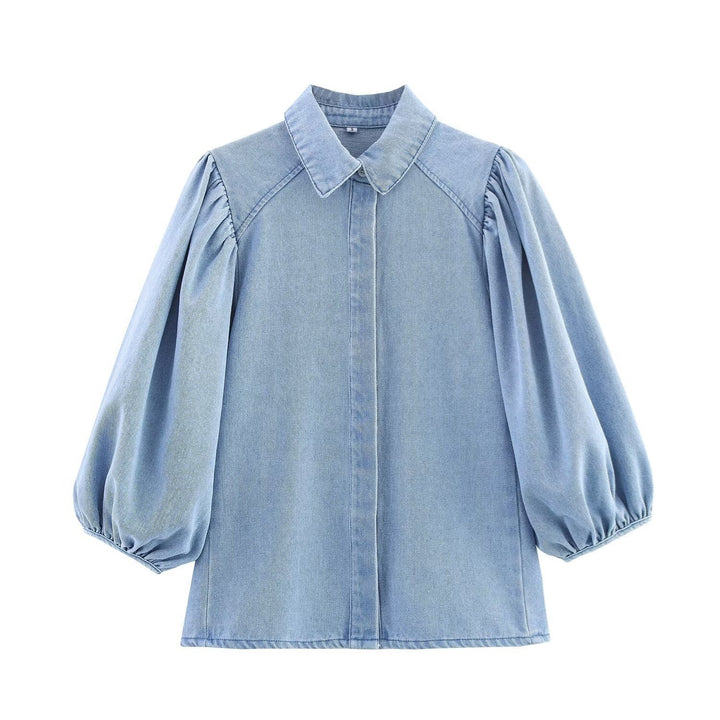 Damen luftige und strukturierte Bluse mit Balloonärmeln und weiten Jeans Echo Archiv