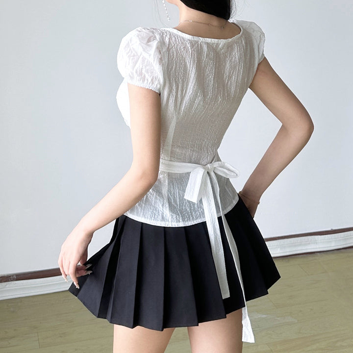 Damen Kurzarm Hemdbluse mit eleganter Raffung und verspieltem Bindeband Echo Archiv