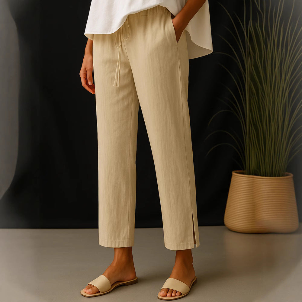 Damen Casual-Chino Leinenoptik Culotte mit elastischem Tunnelzugbund und Eingrifftaschen – Avélisse