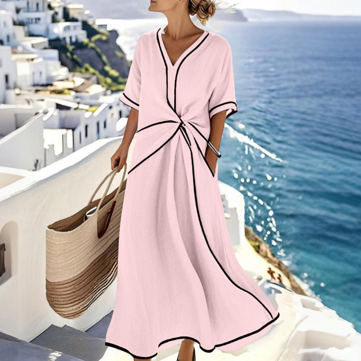 Damen Langes A-Linienkleid mit V‑Ausschnitt, Knoten-Detail und Kontrastpaspel – Élara
