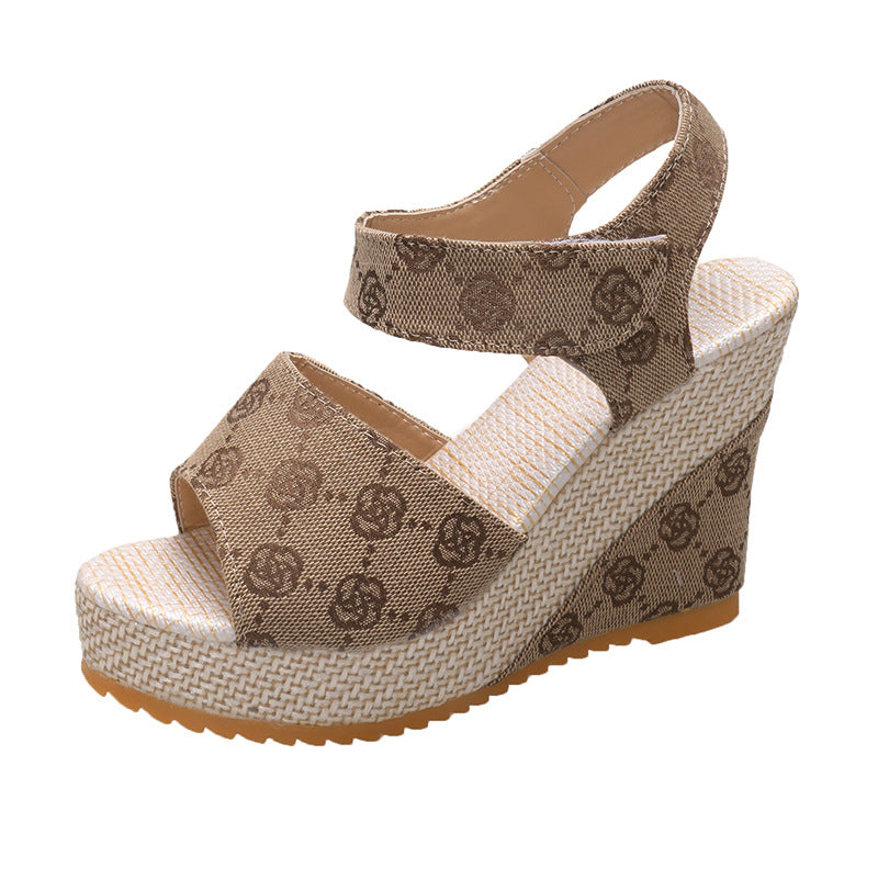 Damen nan monogramm-gewebte Keilsandalette mit Plateau und verstellbarem Fersenriemen Echo Archiv