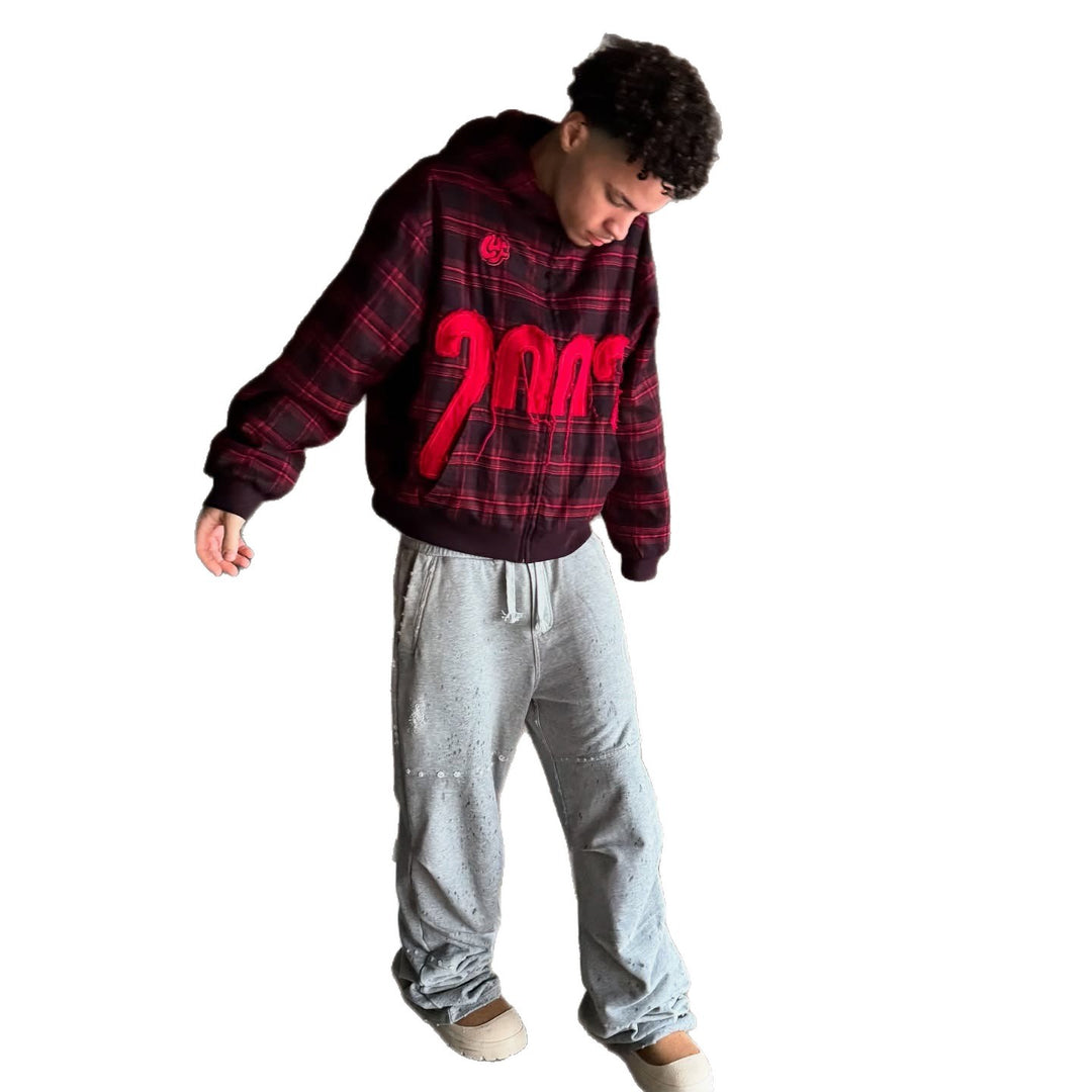 Unisex nan karierter Kapuzenpullover mit fransiger Jahreszahl-Applikation und Rippbündchen Echo Archiv