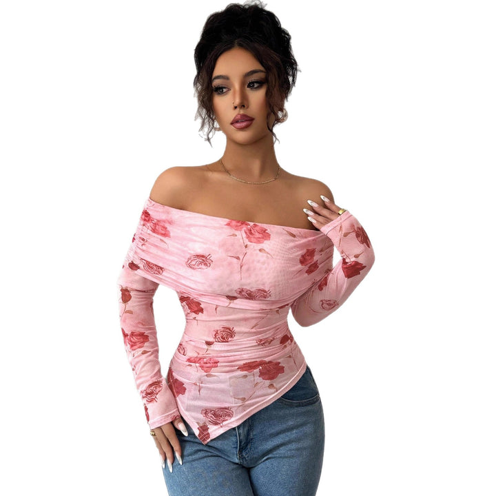 Damen nan schulterfreies gerafftes Langarm-Oberteil aus feinem Mesh mit floralem Print und taillierter Silhouette Echo Archiv