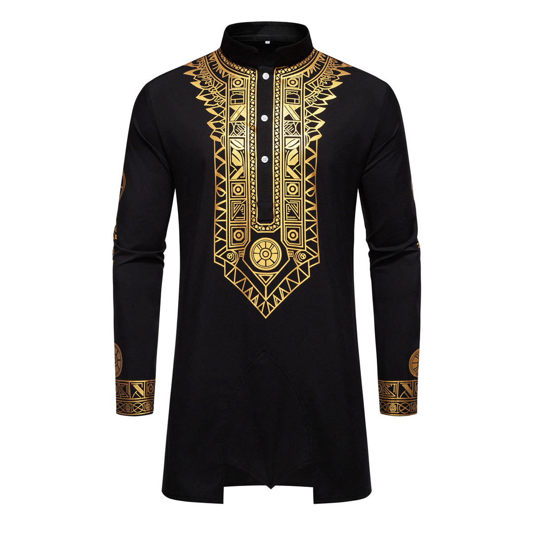 Herren Traditionelles Langarm-Kurta-Set mit Stehkragen, goldfarbenem Ornamentdruck und Tunnelzughose Echo Archiv