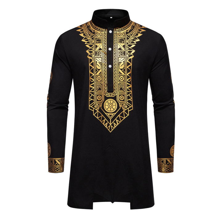 Herren Traditionelles Langarm-Kurta-Set mit Stehkragen, goldfarbenem Ornamentdruck und Tunnelzughose Echo Archiv