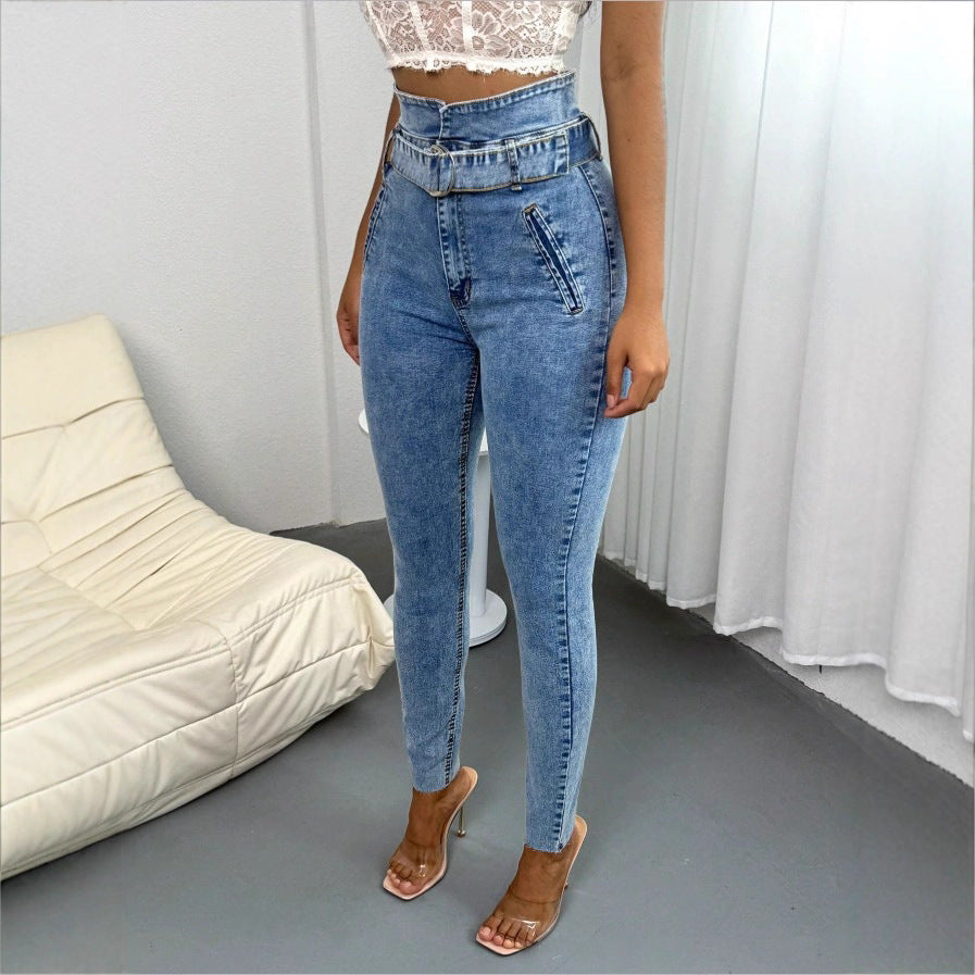 Damen Hochtaillierte Slim‑Skinny‑Jeans mit D‑Ring‑Gürtel und schrägen Eingrifftaschen Echo Archiv