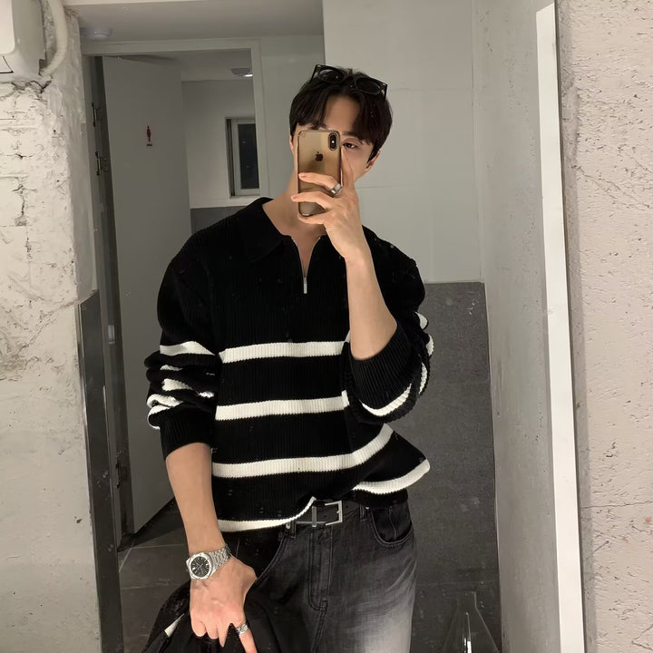Herren Modischer Kurzarm Pullover mit Streifen Echoarchiv