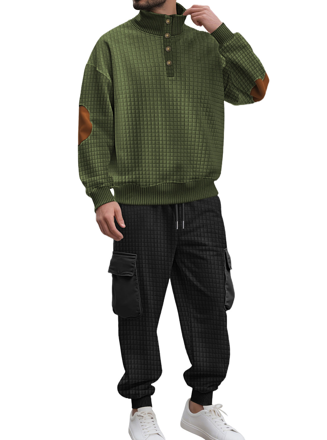 Herren nan Karo-Relief-Sweatset mit Stehkragen-Knopfleiste, Velours-Ellenbogenpatches und Cargo-Jogger Echo Archiv