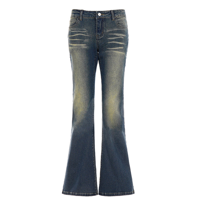 Damen Schlagjeans mit Used-Effekt, Whiskering und ausgestelltem Bein – Dénora