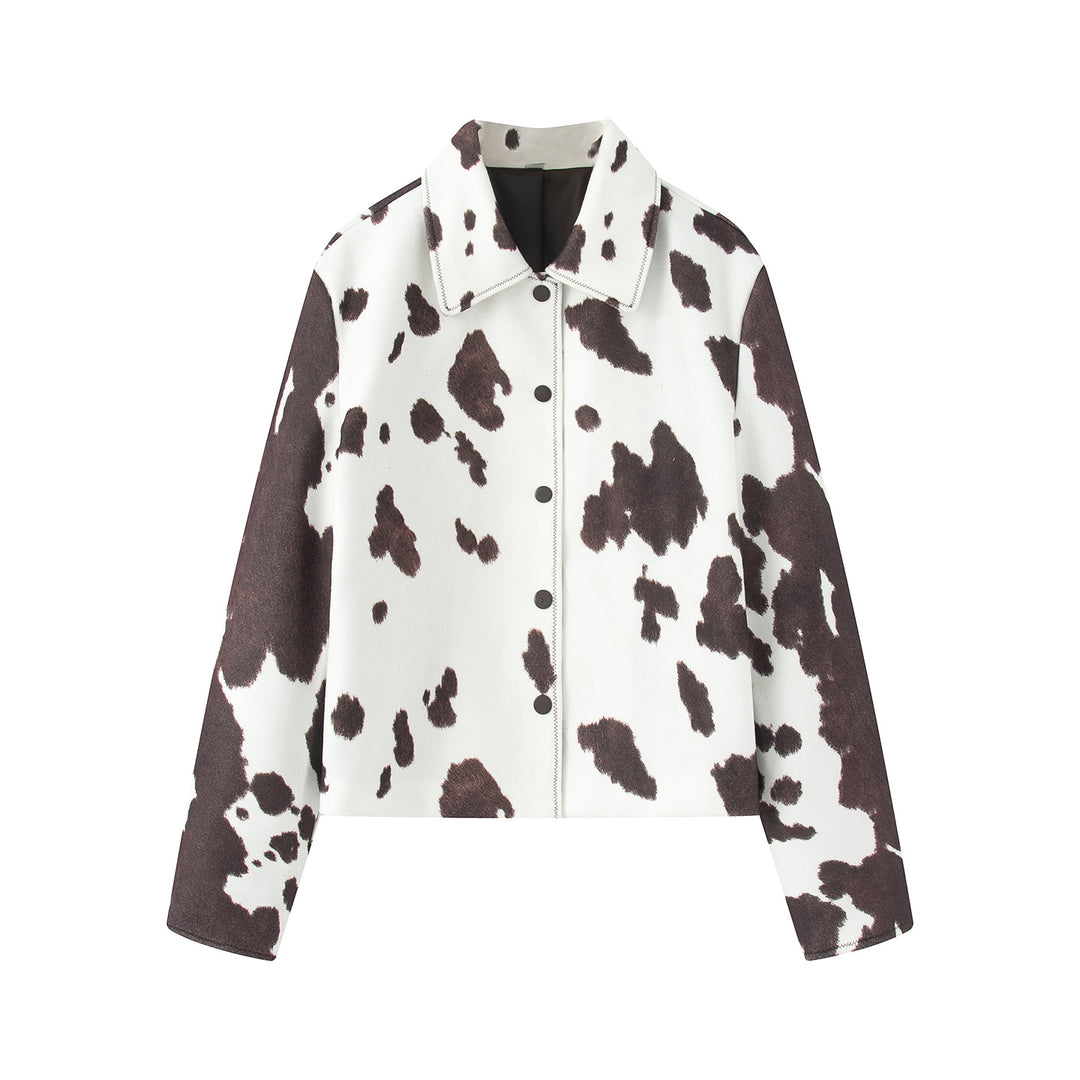 Damen cropped Hemdjacke mit Kuhfleck-Print, Boxy-Silhouette und Druckknopfleiste – Célinea