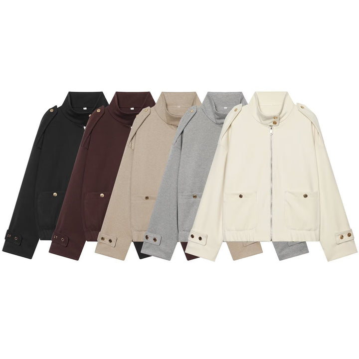 Damen Cropped Utility-Jacke mit hochgeschlossenem Kragen, Schulterklappen und aufgesetzten Pattentaschen Echoarchiv
