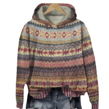 Damen nan oversized Strickkapuzenpullover mit Norwegermuster, gefütterter Kapuze und gerippten Bündchen Echo Archiv