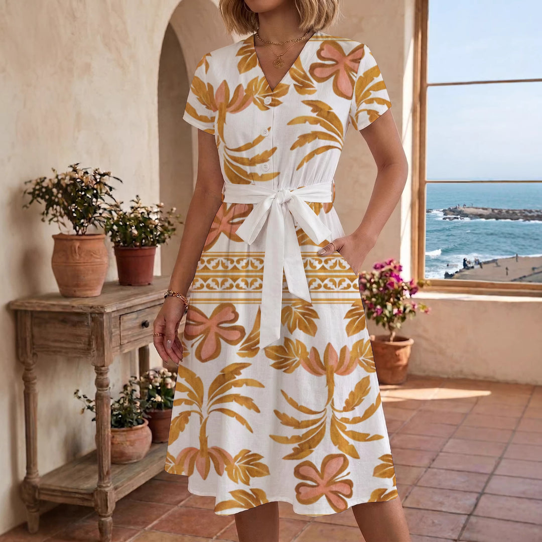 Damen Blühendes Midikleid mit taillierbarem Gürtel und kunstvollem Print Echo Archiv