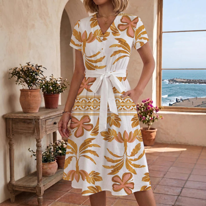 Damen Blühendes Midikleid mit taillierbarem Gürtel und kunstvollem Print Echo Archiv
