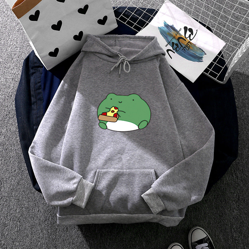 Damen gemütlicher Kapuzenpullover mit kawaii Frosch‑Pizza‑Motiv und oversized Relax‑Fit – Auréline