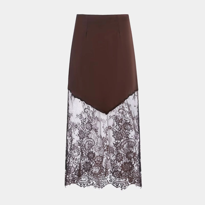 Damen nan Satinrock mit Spitzen-Overlay und asymmetrischem Zipfelsaum Echo Archiv