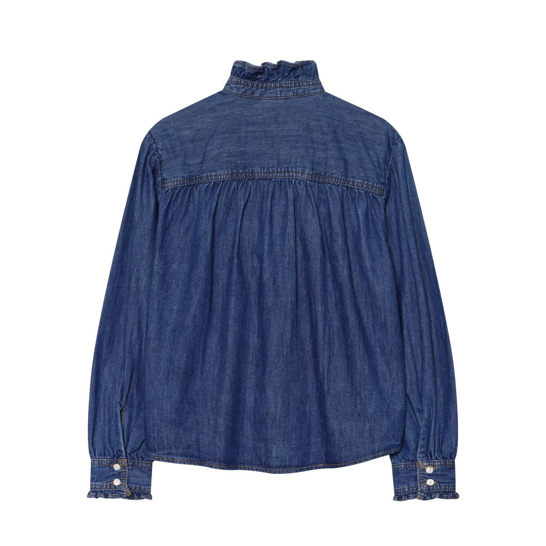 Damen Weiche Denim-Tunika mit Rüschenblende, Stehkragen und Ballonärmeln Echo Archiv