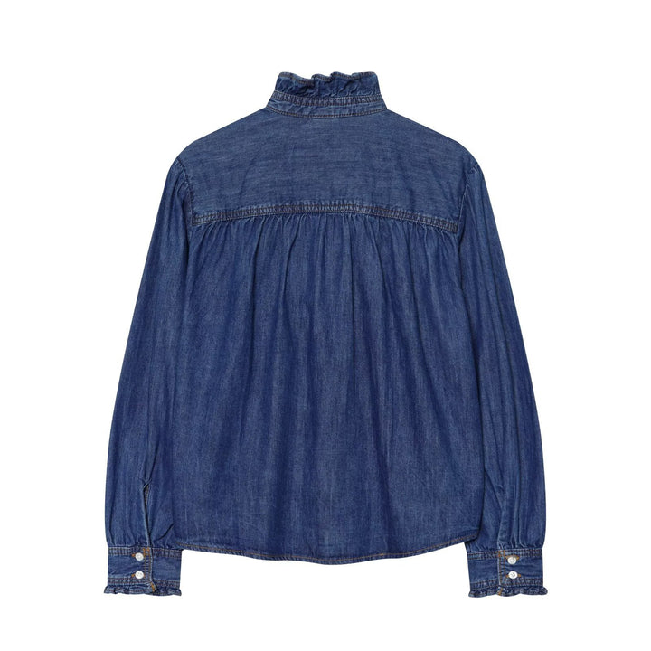 Damen Weiche Denim-Tunika mit Rüschenblende, Stehkragen und Ballonärmeln Echo Archiv