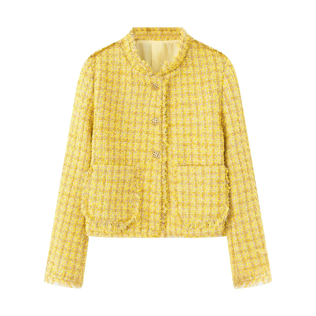 Damen kurze Bouclé-Tweedjacke mit goldenen Zierknöpfen, aufgesetzten Taschen und Fransenbesatz – Célinea