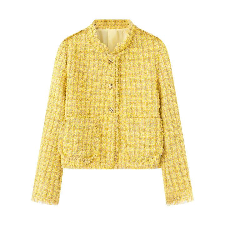 Damen kurze Bouclé-Tweedjacke mit goldenen Zierknöpfen, aufgesetzten Taschen und Fransenbesatz – Célinea