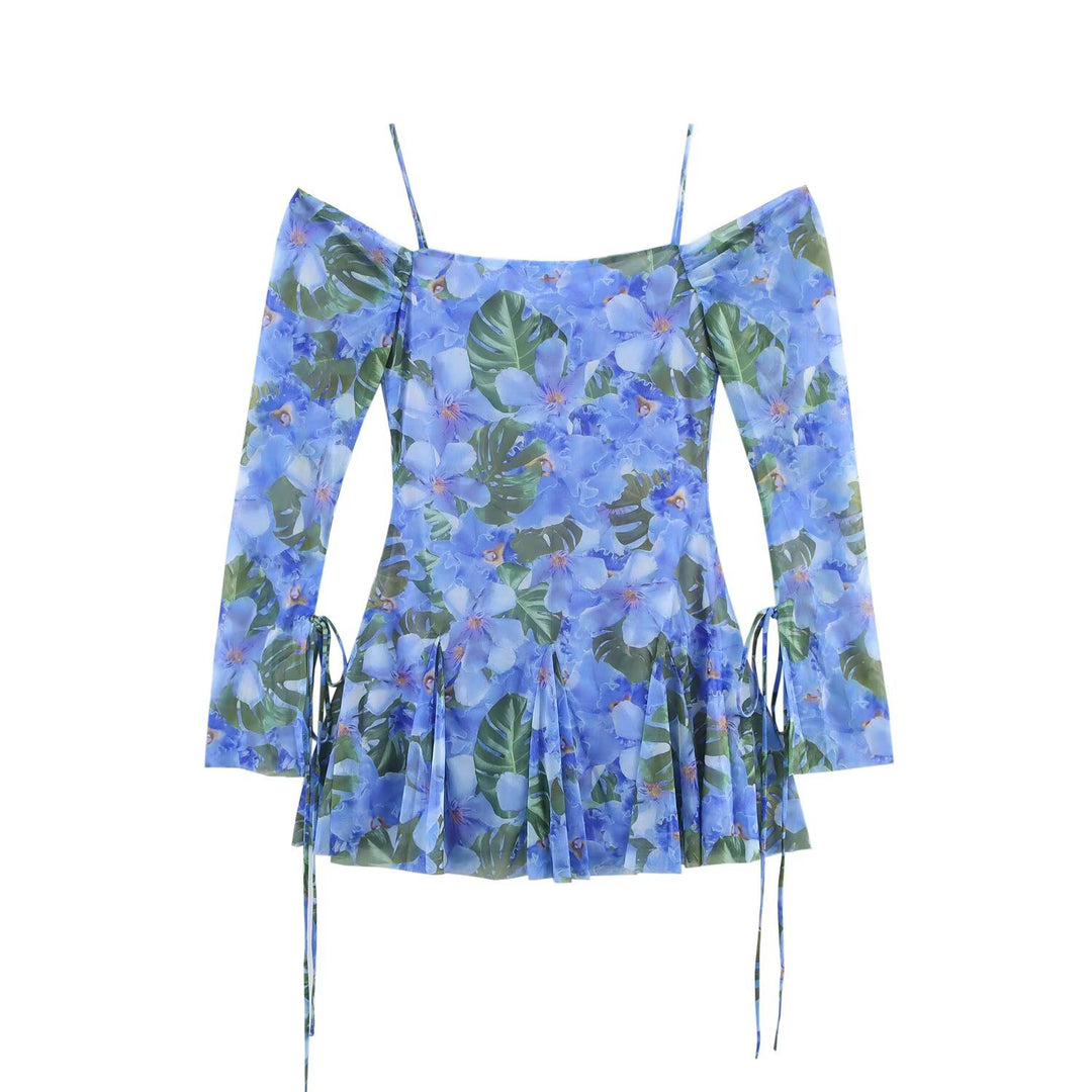 Damen Carmen-Minikleid mit Spaghettiträgern, langen Ärmeln und plissee‑Rock Echo Archiv
