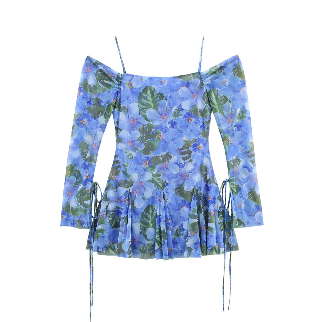 Damen Carmen-Minikleid mit Spaghettiträgern, langen Ärmeln und plissee‑Rock Echo Archiv