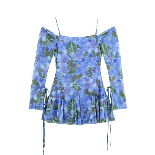 Damen Carmen-Minikleid mit Spaghettiträgern, langen Ärmeln und plissee‑Rock Echo Archiv