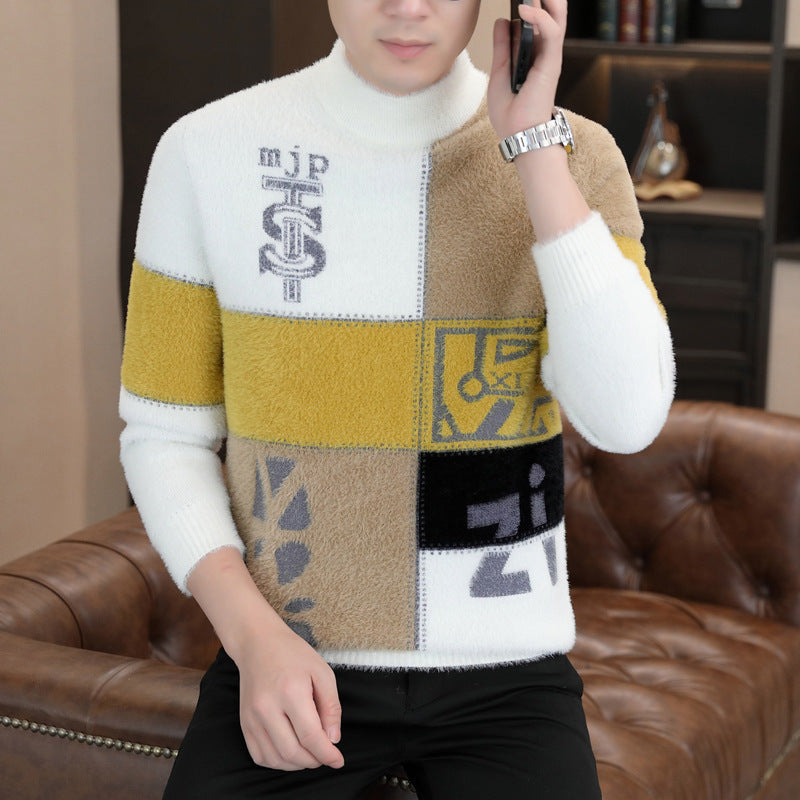 Herren Gemusterter Rollkragenpullover aus flauschigem Bouclé‑Mix mit Patch‑Intarsien Echoarchiv