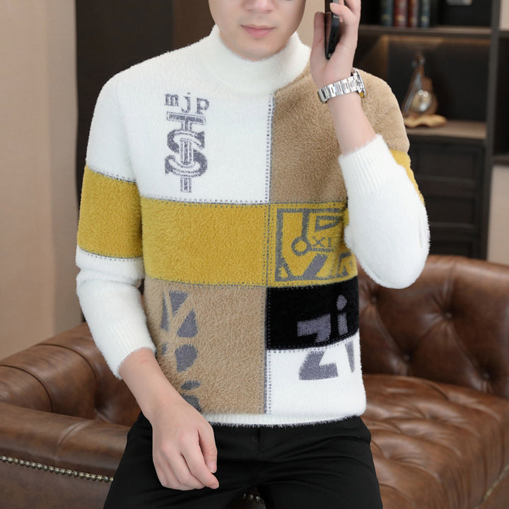 Herren Gemusterter Rollkragenpullover aus flauschigem Bouclé‑Mix mit Patch‑Intarsien Echoarchiv