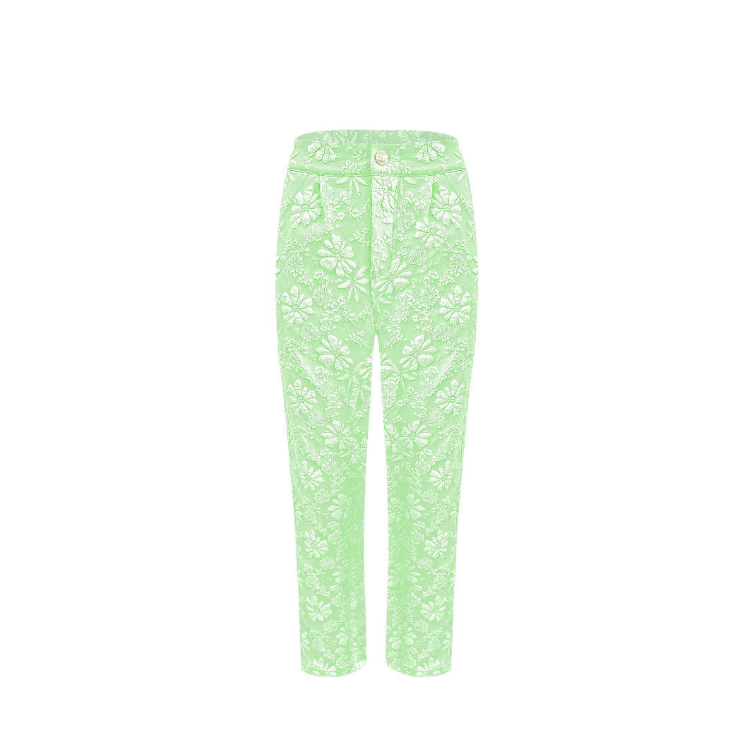 Damen Hochtaillierte Bundfalten‑Hose mit floralem Jacquard und geradem Bein – Avélisse