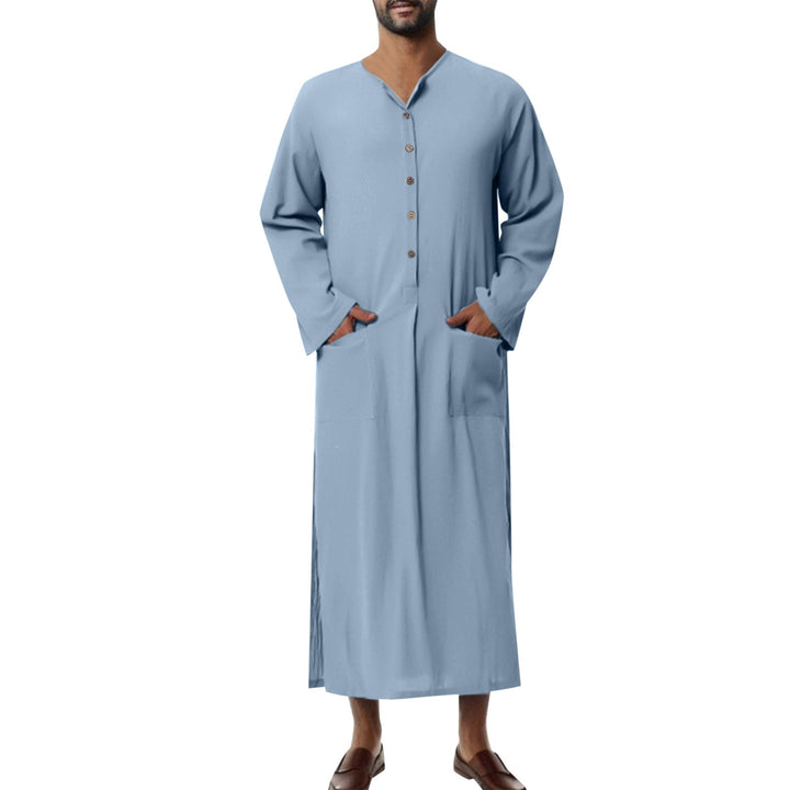 Herren nan weites langes Tunika-Kaftan aus atmungsaktivem Leinen mit Stehkragen Knopfblende und aufgesetzten Taschen Echoarchiv