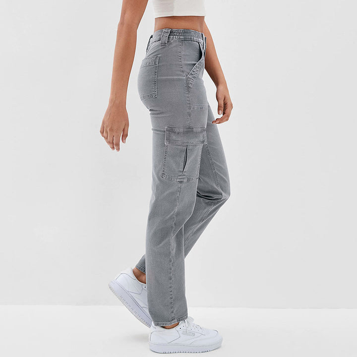 Damen Hochtaillierte Cargohose aus Denim mit geradem Bein und Mehrfachtaschen Echo Archiv