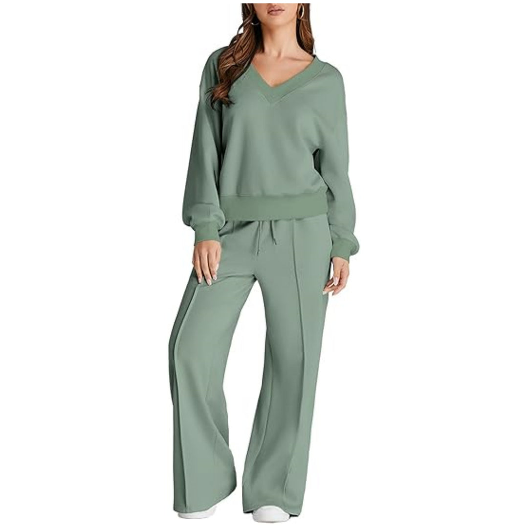 Damen Lässiges V-Ausschnitt Freizeit-Set mit weiter Jogginghose Echoarchiv