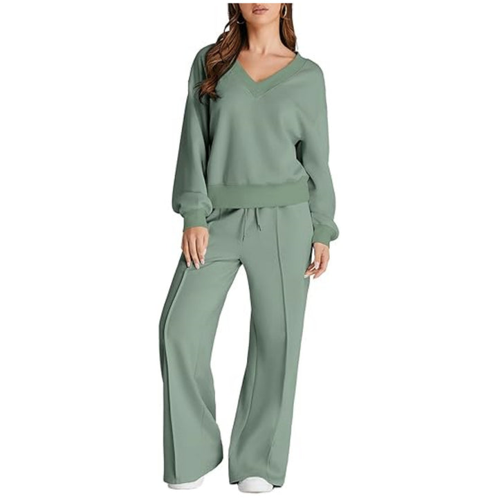 Damen Lässiges V-Ausschnitt Freizeit-Set mit weiter Jogginghose Echoarchiv