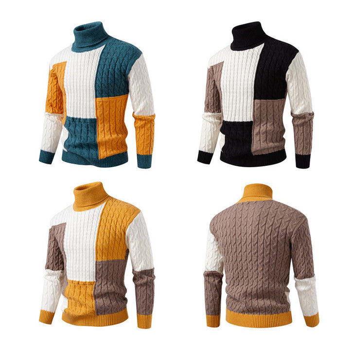 Herren hochabschließend gestrickter Pullover mit modernem Zopfmuster und attraktiven Farbblöcken Echoarchiv