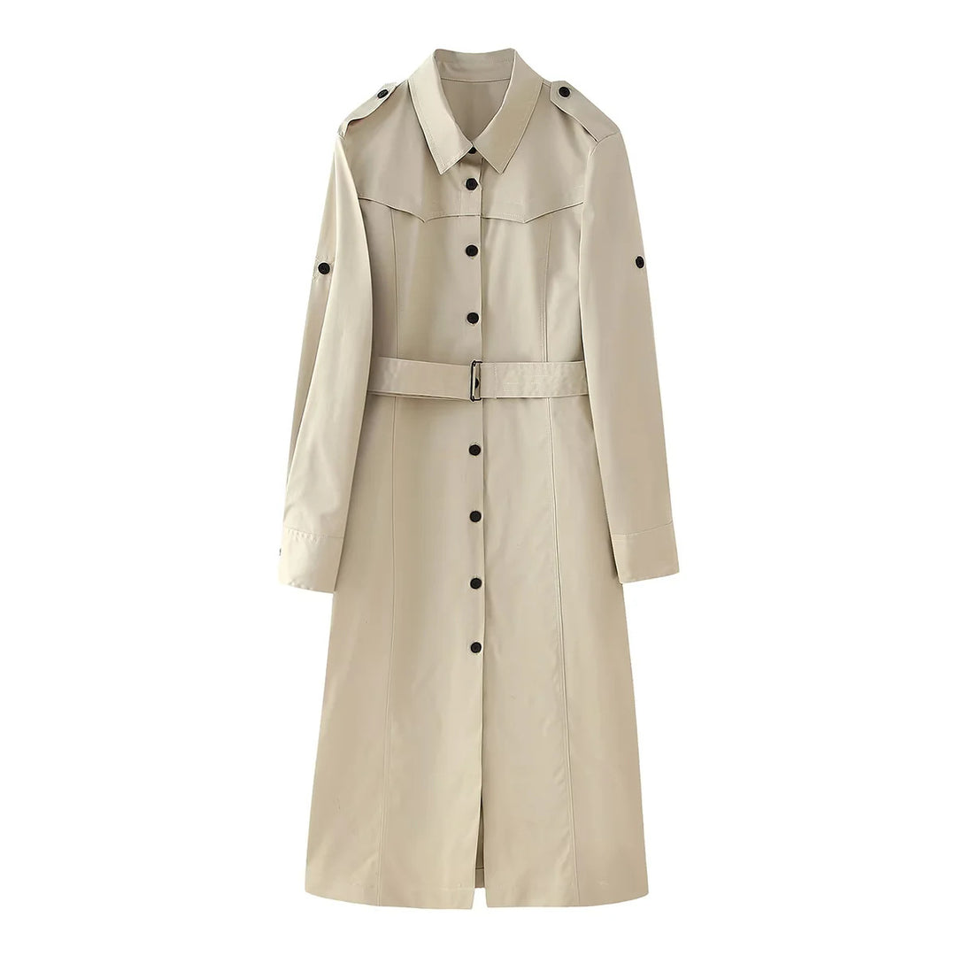 Damen nan langer taillierter Trenchcoat mit Taillengürtel Schulterklappen und durchgehender Knopfleiste Echo Archiv