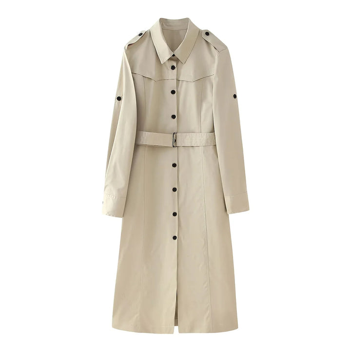 Damen nan langer taillierter Trenchcoat mit Taillengürtel Schulterklappen und durchgehender Knopfleiste Echo Archiv