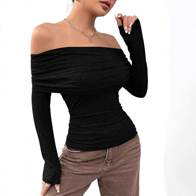 Damen Schulterfreies Ripp-Longsleeve mit weitem Umschlagkragen und taillierter Silhouette – Avérine