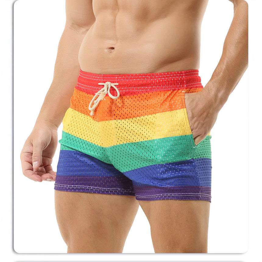 Herren Badeshorts mit atmungsaktivem Netzmaterial und buntem Regenbogenmuster Echoarchiv