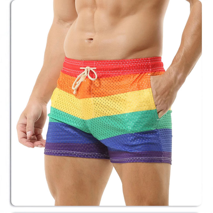 Herren Badeshorts mit atmungsaktivem Netzmaterial und buntem Regenbogenmuster Echoarchiv
