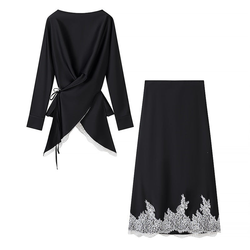Damen Zweiteiliges Satin-Set mit Wickelbluse, Spitzenbesatz und A‑Linien Maxirock Echo Archiv