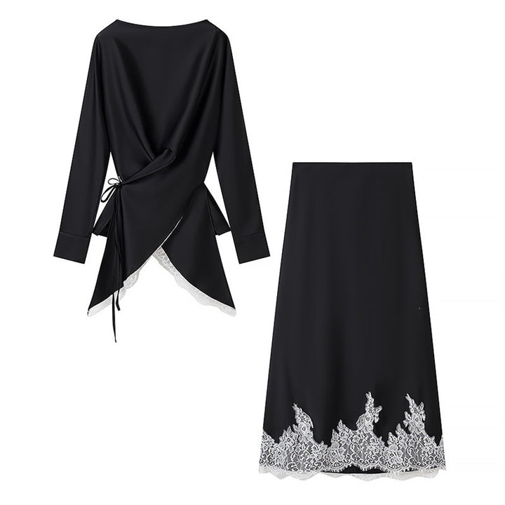 Damen Zweiteiliges Satin-Set mit Wickelbluse, Spitzenbesatz und A‑Linien Maxirock Echo Archiv