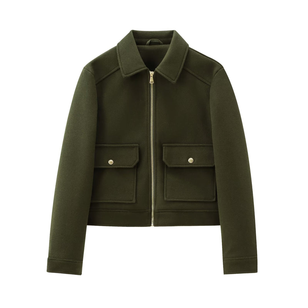 Damen Kurze Wollimitat-Fieldjacke mit durchgehendem Reißverschluss und vier aufgesetzten Pattentaschen Echo Archiv
