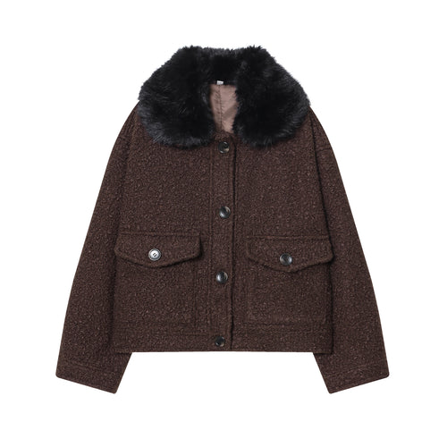 Damen cropped Bouclé‑Jacke mit abnehmbarem Kunstfellkragen, kastiger Silhouette und Pattentaschen – Célinea