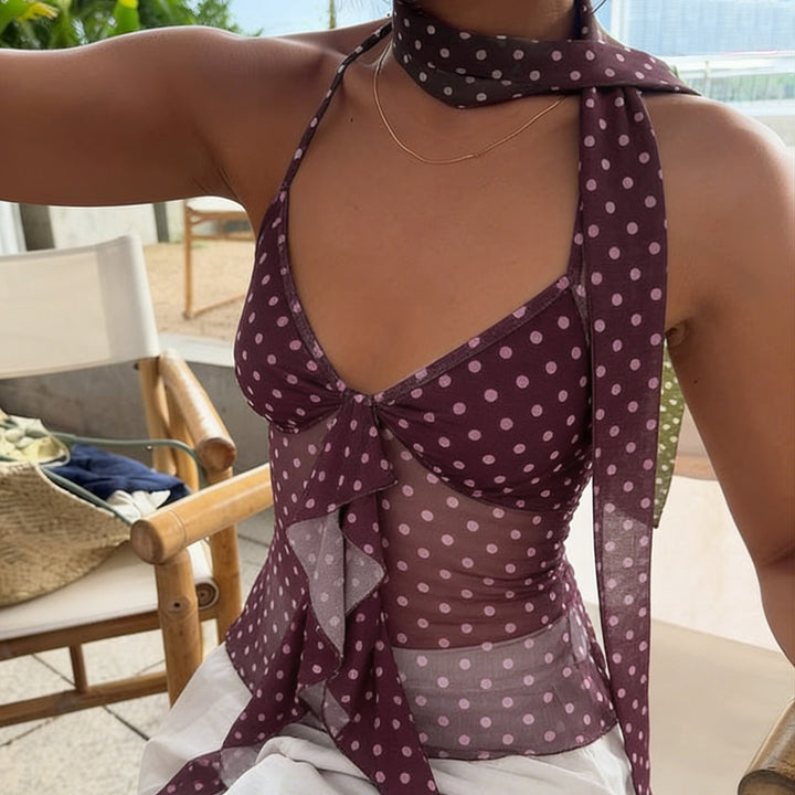 Damen luftiges Haltertop mit verspieltem Punkte-Design und Rüschendetails Echo Archiv