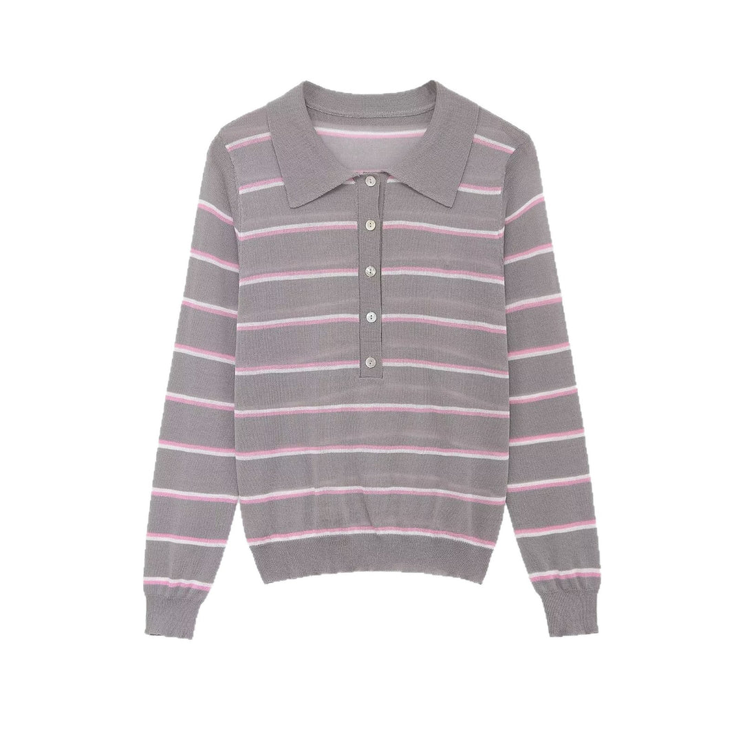 Damen Feinstrick-Polopullover mit Knopfleiste und feinen Querstreifen Echoarchiv