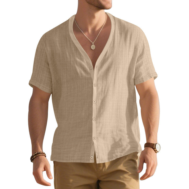 Herren Kurzarm-Henley-Hemd mit modischem V-Ausschnitt und strukturiertem Design Echoarchiv
